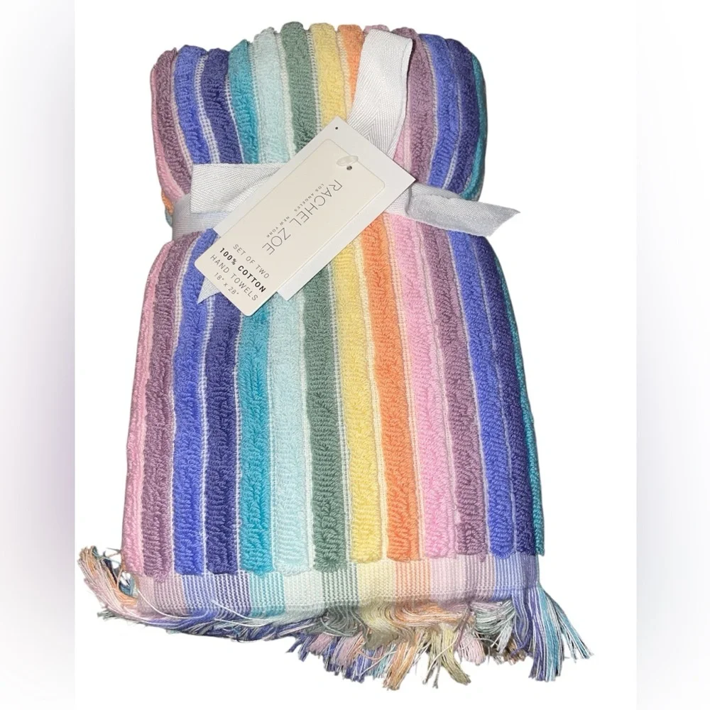 Rachel Zoe RAINBOW STRIPES Hand Towel Set 100% Cotton (2 Pc)